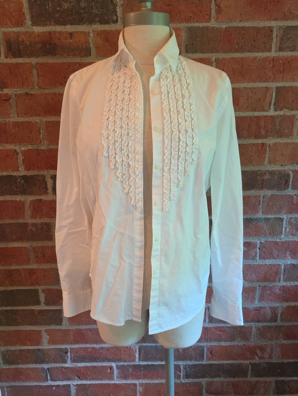 Lauren Ralph Lauren White Tuxedo Style Button Down Shirt Ruffled Bib Size Medium